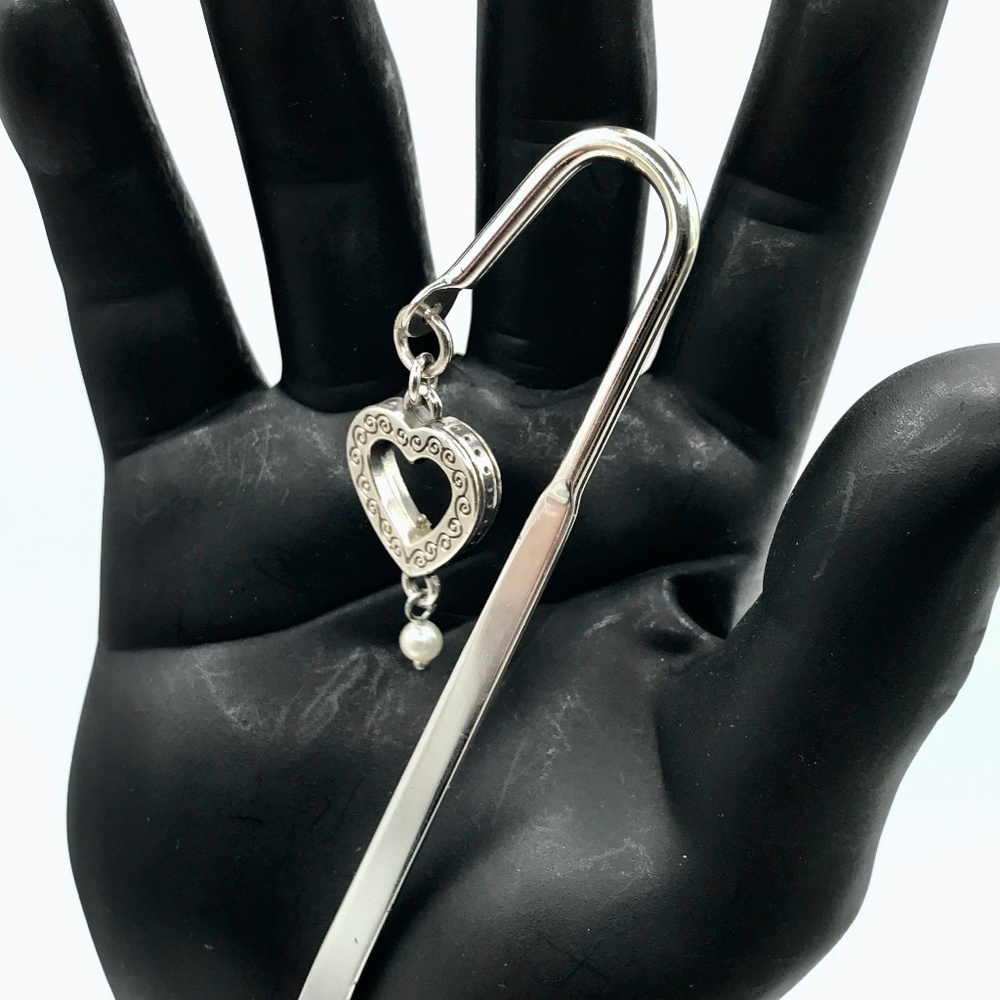 Brighton Bookmark Heart Faux Pearl Silver Plate Bookclub Gift Quiet Luxury 5.5"